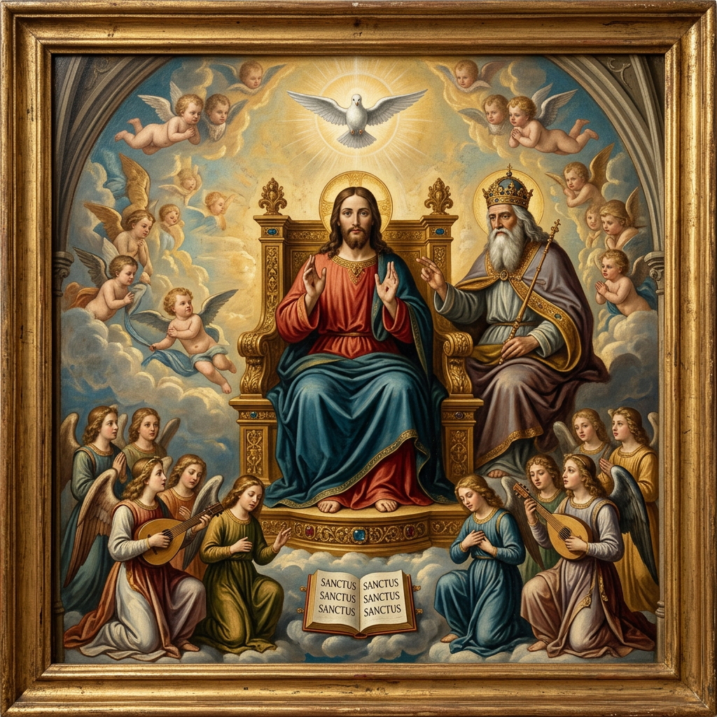 Jesus and God the Father seated on thrones surrounded by angels and a dove above them