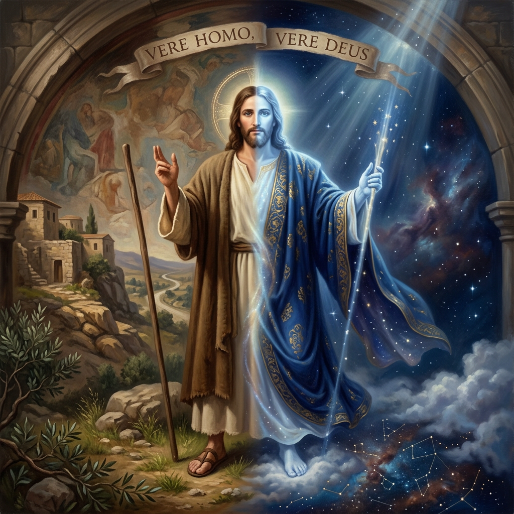 Jesus Christ shown as a human shepherd and divine cosmic figure with staff